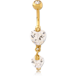 GOLD PVD COATED SURGICAL STEEL GRADE 316L DOUBLE HEART CZ DOUBLE JEWELED DANGLE NAVEL BANANA