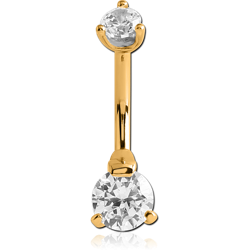 GOLD PVD COATED SURGICAL STEEL GRADE 316L INTERNALLY THREADED ROUND PRONG SET DOUBLE JEWELED NAVEL BANANA