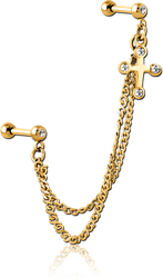 GOLD PVD COATED SURGICAL STEEL GRADE 316L JEWELED TRAGUS MICRO BARBELLS CHAIN LINKED - CROSS