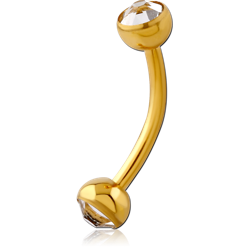 GOLD PVD COATED SURGICAL STEEL GRADE 316L DOUBLE FLAT STONE CRYSTAL JEWELED CURVED MICRO BARBELL