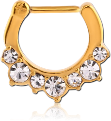 GOLD PVD COATED SURGICAL STEEL GRADE 316L ROUND JEWELED HINGED SEPTUM CLICKER