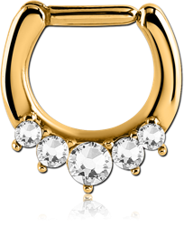 GOLD PVD COATED SURGICAL STEEL GRADE 316L ROUND PREMIUM CRYSTALS JEWELED HINGED SEPTUM CLICKER