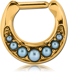 GOLD PVD COATED SURGICAL STEEL GRADE 316L ROUND JEWELED HINGED SEPTUM CLICKER WITH ORGANIC SYNTHETIC TURQUOISE