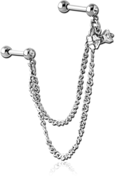 SURGICAL STEEL GRADE 316L JEWELED TRAGUS MICRO BARBELLS CHAIN LINKED - BOW