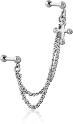 SURGICAL STEEL GRADE 316L JEWELED TRAGUS MICRO BARBELLS CHAIN LINKED - CROSS