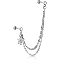 SURGICAL STEEL GRADE 316L JEWELED TRAGUS MICRO BARBELLS CHAIN LINKED-FLOWER