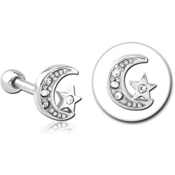 SURGICAL STEEL GRADE 316L JEWELED TRAGUS MICRO BARBELL - CRESCENT AND STAR