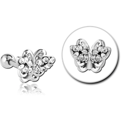 SURGICAL STEEL GRADE 316L JEWELED TRAGUS MICRO BARBELL - BUTTERFLY