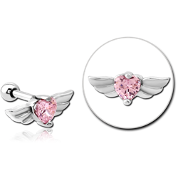 SURGICAL STEEL GRADE 316L JEWELED TRAGUS MICRO BARBELL - WINGED HEART