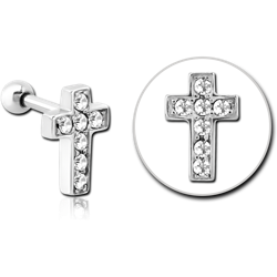 SURGICAL STEEL GRADE 316L JEWELED TRAGUS MICRO BARBELL - CROSS