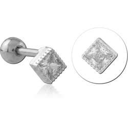 316L SURGICAL STEEL GRADE 316L BARBELL SQUARE PRINCESS CUT CLEAR GEM BEADED BORDER