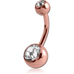 ROSE GOLD PVD COATED SURGICAL STEEL GRADE 316L DOUBLE OPTIMA CRYSTAL NAVEL BANANA