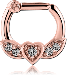 ROSE GOLD PVD COATED SURGICAL STEEL GRADE 316L WINGED HEART PRONG SET JEWELED HINGED SEPTUM CLICKER