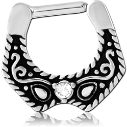 SURGICAL STEEL GRADE 316L JEWELED HINGED SEPTUM CLICKER - FILIGREE