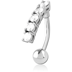 316L SURGICAL STEEL GRADE 316L NAVEL BANANA JEWELED FIVE CLEAR GEM CURVED BAR