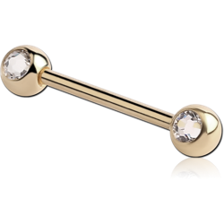 ZIRCON GOLD PVD COATED SURGICAL STEEL GRADE 316L DOUBLE SIDE PREMIUM CRYSTALS JEWELED BARBELL