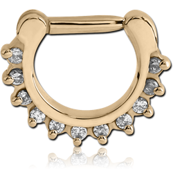 ZIRCON GOLD PVD COATED SURGICAL STEEL GRADE 316L ROUND PRONG SET PREMIUM CRYSTAL JEWELED HINGED SEPTUM CLICKER RING