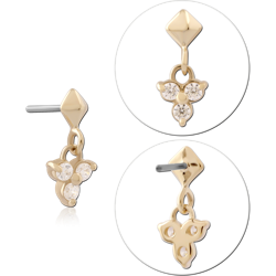14K YELLOW GOLD TOP WITH TITANIUM ALLOY THREADLESS PIN TRIPLE GEM DANGLE