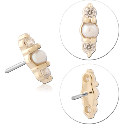14K YELLOW GOLD PEARL AND DOUBLE GEM TOP WITH TITANIUM ALLOY THREADLESS PIN