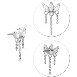 14 KARAT GOLD WHITE THREADLESS TOP TRIPLE MARQUISE GEM WITH CHAIN DANGLES