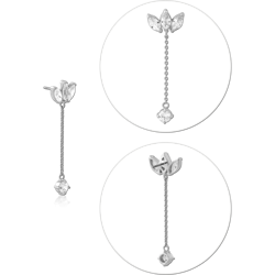 14 KARAT GOLD WHITE THREADLESS ATTACHMENT TRIPLE LEAF WITH CHAIN AND GEM CHARMS