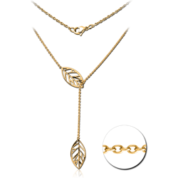 GOLD PVD COATED SURGICAL STEEL GRADE 316L JEWELED NECKLACE WITH PENDANT - LEAF