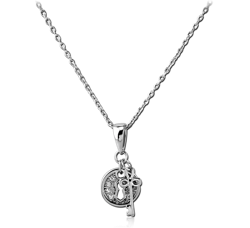 RHODIUM PLATED STERLING 925 SILVER JEWELED NECKLACE WITH PENDANT - ROUND LOCK WITH KEY