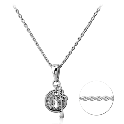 RHODIUM PLATED STERLING 925 SILVER JEWELED NECKLACE WITH PENDANT - ROUND LOCK WITH KEY