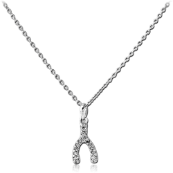 RHODIUM PLATED STERLING 925 SILVER JEWELED NECKLACE WITH PENDANT - WISH BONE