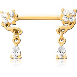 GOLD PVD COATED SURGICAL STEEL GRADE 316L NIPPLE PIERCING INTERNAL THREADED BAR WITH MOVING CHARM FINE JEWELED