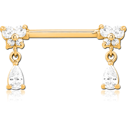 GOLD PVD COATED SURGICAL STEEL GRADE 316L NIPPLE PIERCING INTERNAL THREADED BAR WITH MOVING CHARM FINE JEWELED
