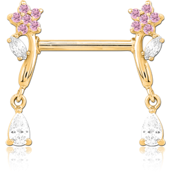 GOLD PVD COATED SURGICAL STEEL GRADE 316L NIPPLE PIERCING INTERNAL THREADED BAR WITH MOVING CHARM FINE JEWELED