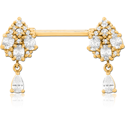 GOLD PVD COATED SURGICAL STEEL GRADE 316L NIPPLE PIERCING INTERNAL THREADED BAR WITH MOVING CHARM FINE JEWELED