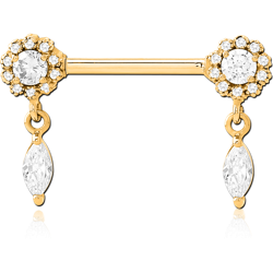 GOLD PVD COATED SURGICAL STEEL GRADE 316L NIPPLE PIERCING INTERNAL THREADED BAR WITH MOVING CHARM FINE JEWELED