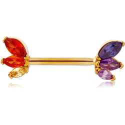 GOLD PVD COATED SURGICAL STEEL GRADE 316L NIPPLE PIERCING INTERNAL THREADED BAR WITH MOVING CHARM JEWELED