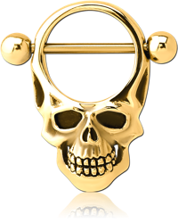 GOLD PVD COATED SURGICAL STEEL GRADE 316L NIPPLE SHIELD BAR - SKULL