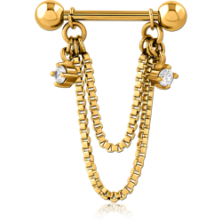 GOLD PVD COATED SURGICAL STEEL GRADE 316L JEWELED NIPPLE BAR WITH CHAIN