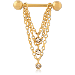 GOLD PVD COATED SURGICAL STEEL GRADE 316L JEWELED NIPPLE BAR WITH CHAIN