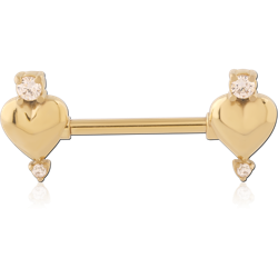 316L GOLD PVD COATED SURGICAL STEEL GRADE 316L NIPPLE BARBELL SMOOTH HEART ENDS WITH GEM CHARMS