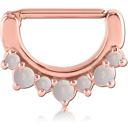 ROSE GOLD PVD COATED SURGICAL STEEL GRADE 316L PRONG SET ORGANIC SYNTHETIC OPAL NIPPLE CLICKER