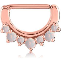 ROSE GOLD PVD COATED SURGICAL STEEL GRADE 316L PRONG SET ORGANIC SYNTHETIC OPAL NIPPLE CLICKER