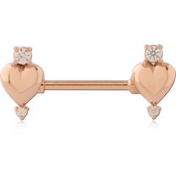 316L ROSE GOLD PVD COATED SURGICAL STEEL GRADE 316L NIPPLE BARBELL SMOOTH HEART ENDS WITH GEM CHARMS