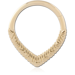 14 KARAT GOLD YELLOW HINGE SEGMENT RING CHEVRON FEATHER DESIGN NOSE HOOP