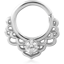 SURGICAL STEEL GRADE 316L SEAMLESS RING FAN FILIGREE WITH CENTER CLEAR GEM