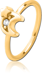 GOLD PVD COATED SURGICAL STEEL GRADE 316L JEWELED SEAMLESS RING - CRESCENT AND STAR