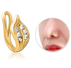 GOLD PVD COATED SURGICAL STEEL GRADE 316L JEWELED NOSE CLIP - LEAF