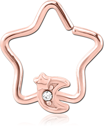 ROSE GOLD PVD COATED SURGICAL STEEL GRADE 316L JEWELED OPEN STAR SEAMLESS RING - CRESCENT AND STAR