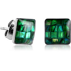 SURGICAL STEEL GRADE 316L ORGANIC SYNTHETIC MOTHER OF PEARL MOSAIC SQUARE CUP EAR STUDS PAIR