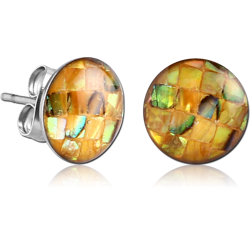 SURGICAL STEEL GRADE 316L ORGANIC SYNTHETIC MOSAIC MOTHER OF PEARL CUP EAR STUDS PAIR