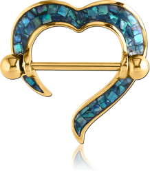 GOLD PVD COATED SURGICAL STEEL GRADE 316L ORGANIC SYNTHETIC MOTHER OF PEARL MOSAIC NIPPLE SHIELD - HEART